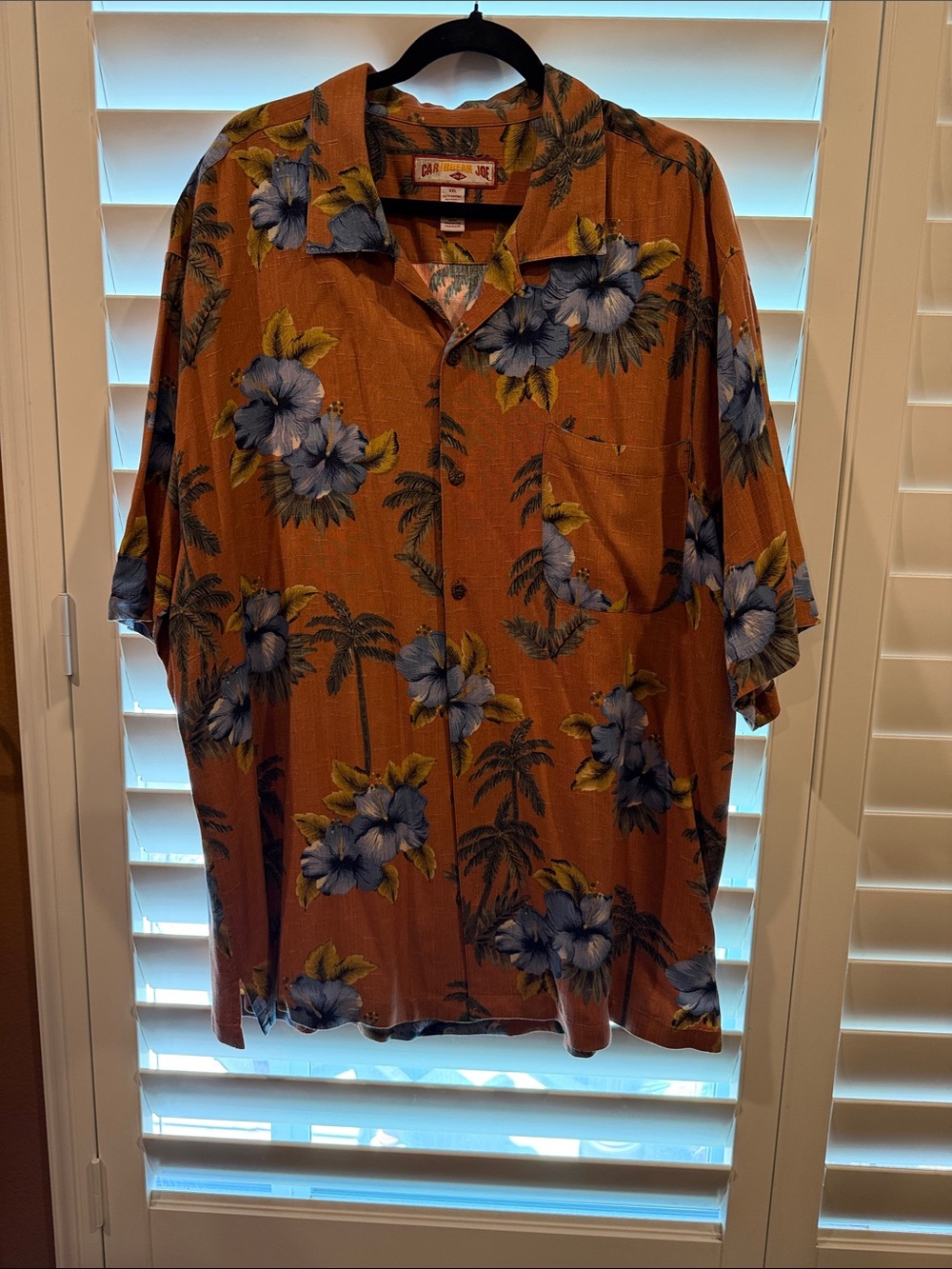 Caribbean Joe Rust Floral Hawaiian Camp Shirt with Blue Hibiscus XXL